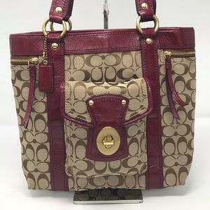 EUC Coach Signature C Tan and Burgundy Wine Tote